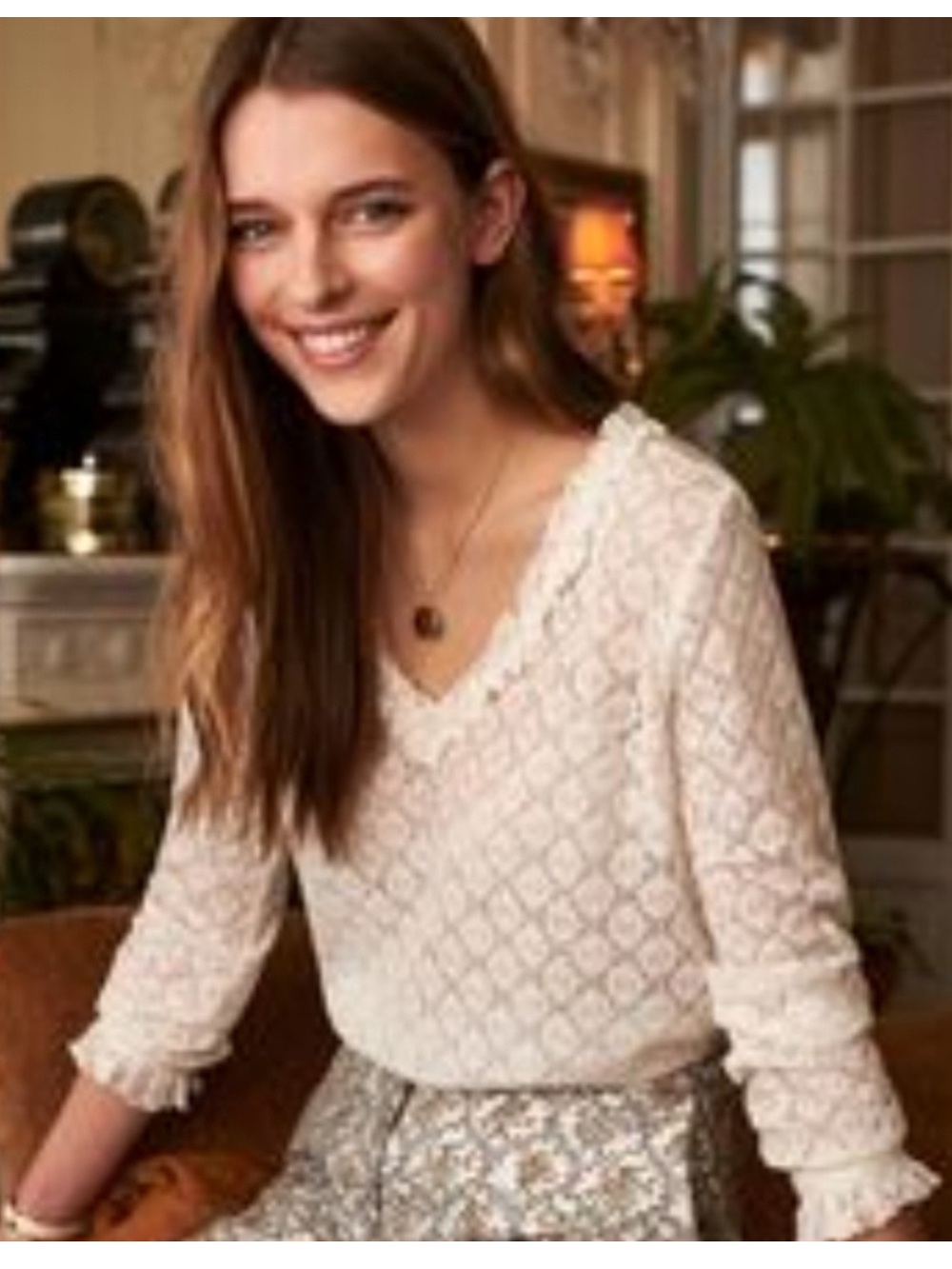 Sézane Ecru Blouse Leonora - Lace V-Neck Ruffle Blouse